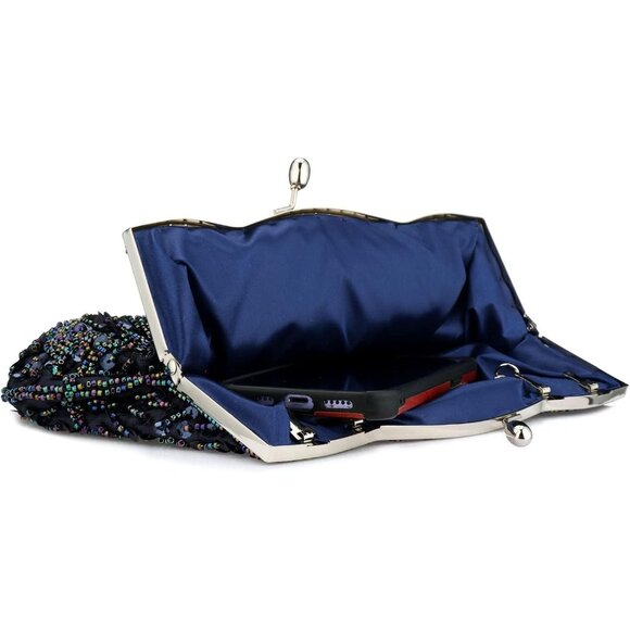 BEADED Sequin Flower Clutch Bag Blue - Picture 4 of 9